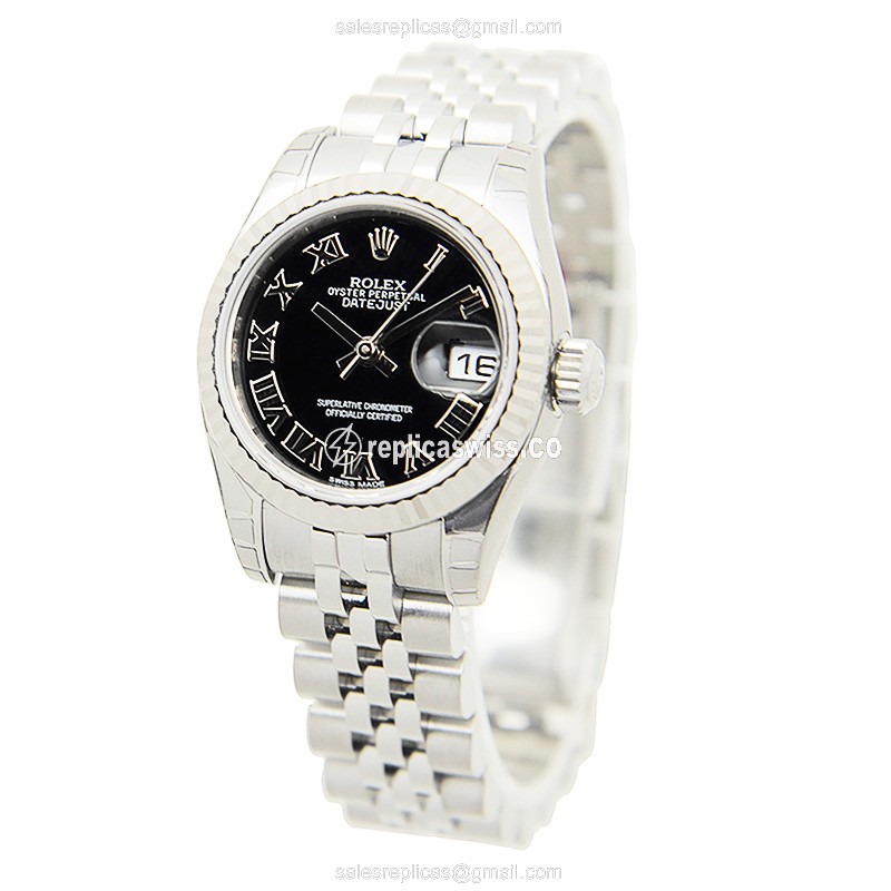 Rolex Datejust Lady Replica - Automatic - White Gold & Steel Case - Black Dial - View 3