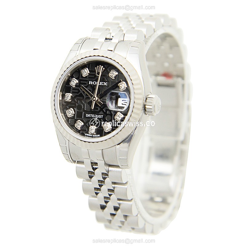 Rolex Lady Datejust Replica - Automatic - 18kt White Gold & Steel - Black Dial - Silver Steel Strap - View 3