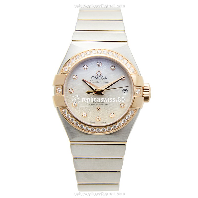 Omega Constellation Replica - Automatic 18kt Rose Magic - White Dial - Gold Clasp - Steel Strap - View 2