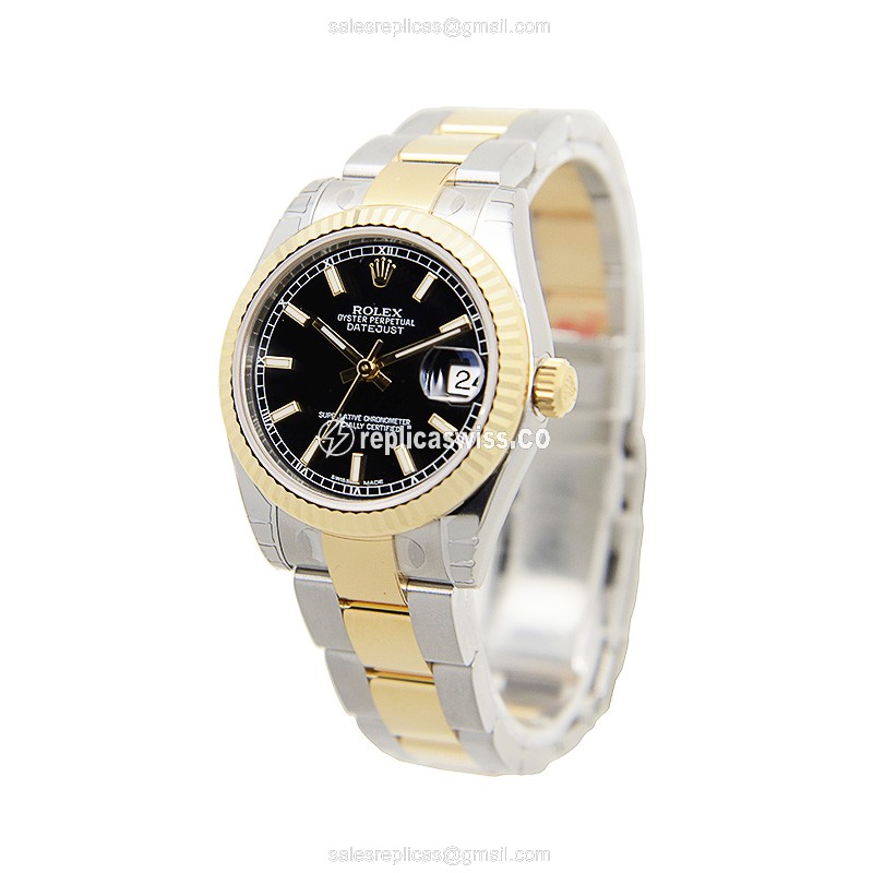 Rolex Lady Datejust Replica - Automatic - 18kt Gold & Steel - Black Dial - View 3