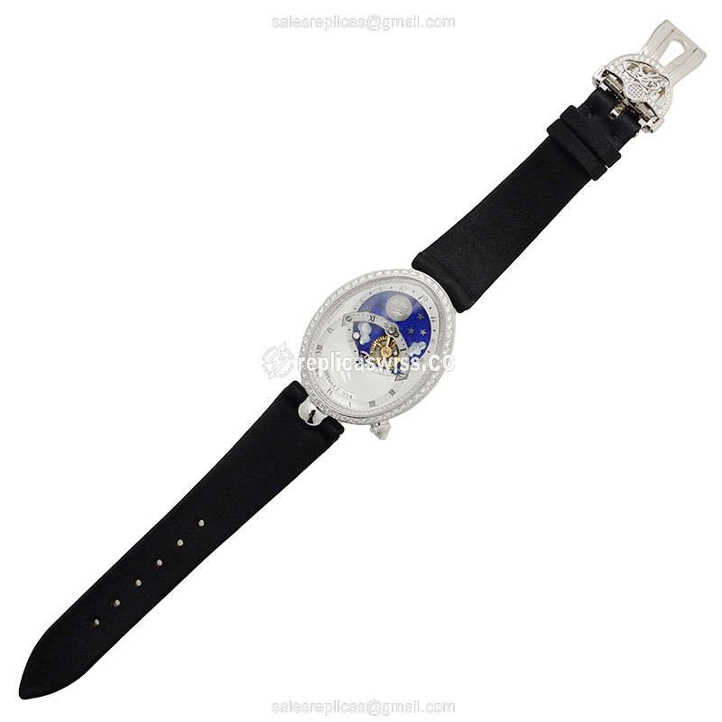 Breguet REINE DE NAPLES Replica - Auto - 18kt White Gold - Diamond Dial - Black Silk Strap - View 2