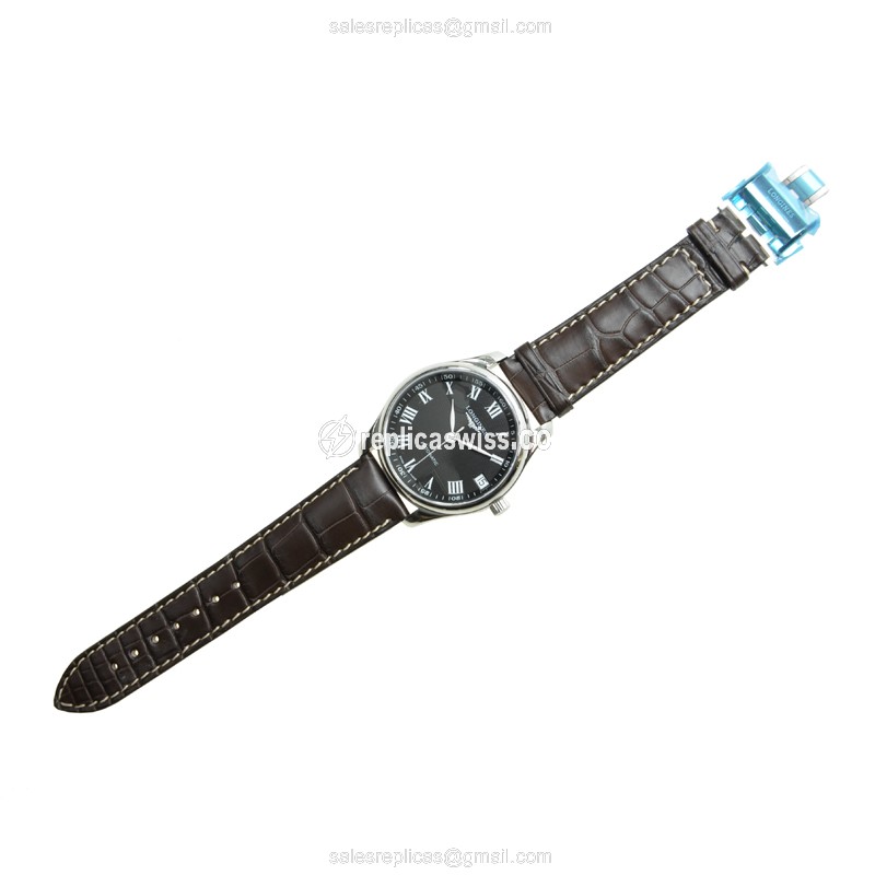Longines Master Replica - Automatic - Stainless Steel - Black Dial - Brown Alligator Strap - View 2