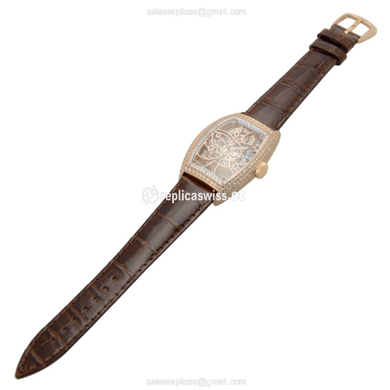 Franck Muller GENEVE 7880BS6SQTD5N Manual Wind - Rose Gold Case & Diamonds, Skull Dial, Buckle Clasp, Brown Alligator Strap - View 2