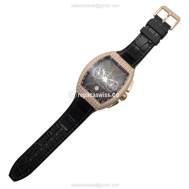 Franck Muller V 45 CC DT D 5N Vanguard Replica - Automatic - Rose Gold Case - Diamonds - Black Dial, Leather Strap - View 2