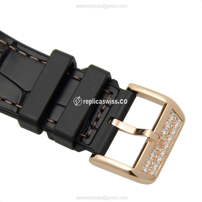 Franck Muller V 45 CC DT D 5N Vanguard Replica - Automatic - Rose Gold Case - Diamonds - Black Dial, Leather Strap - View 4