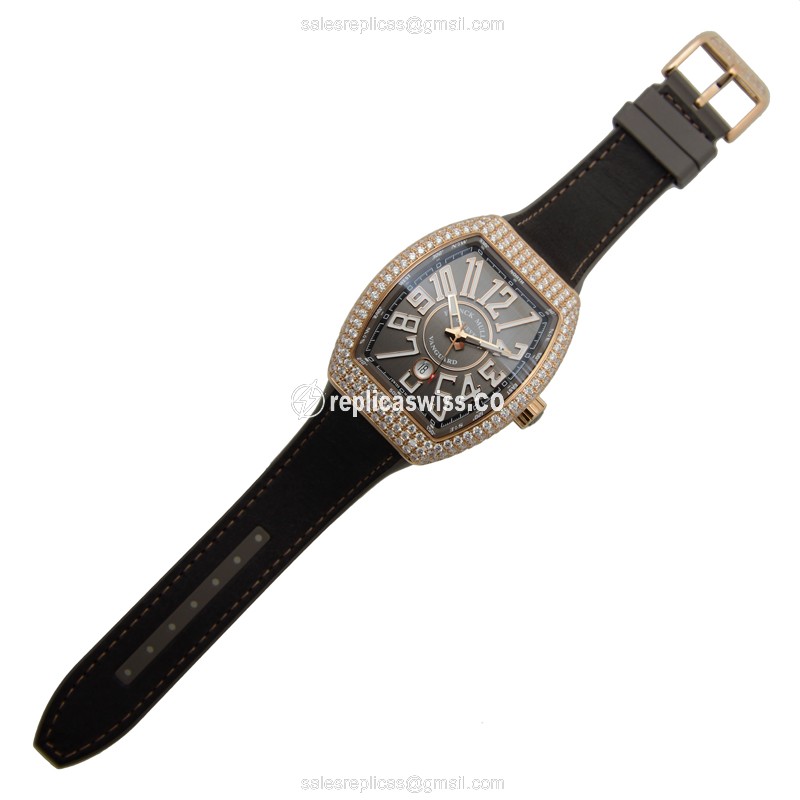 Franck Muller V 45 SC DT D 5NTT Vanguard Auto 18kt Rose Gold Diamonds Gray Dial Buckle Leather Black Strap - View 2
