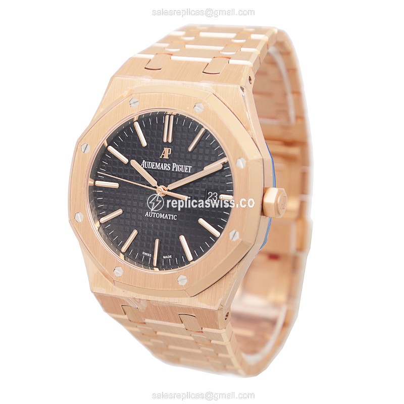 Royal Oak Replica - Audemars Piguet - Automatic - 18kt Rose Gold - Black Dial - Gold Strap - View 3