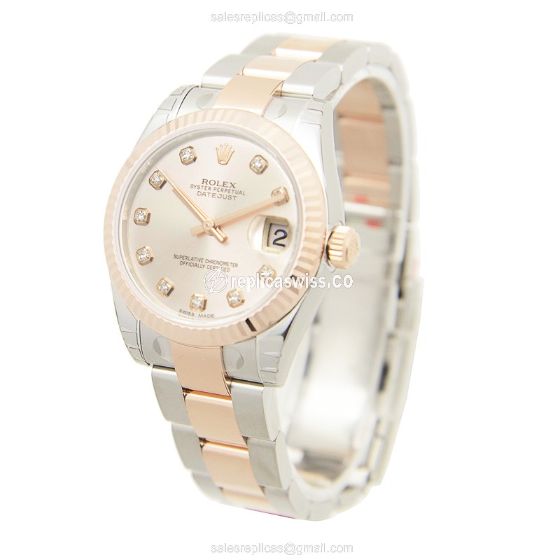 Rolex Lady Datejust Replica - Automatic - 18kt Rose Gold & Steel Case - Pink Dial - Gold Strap - View 3