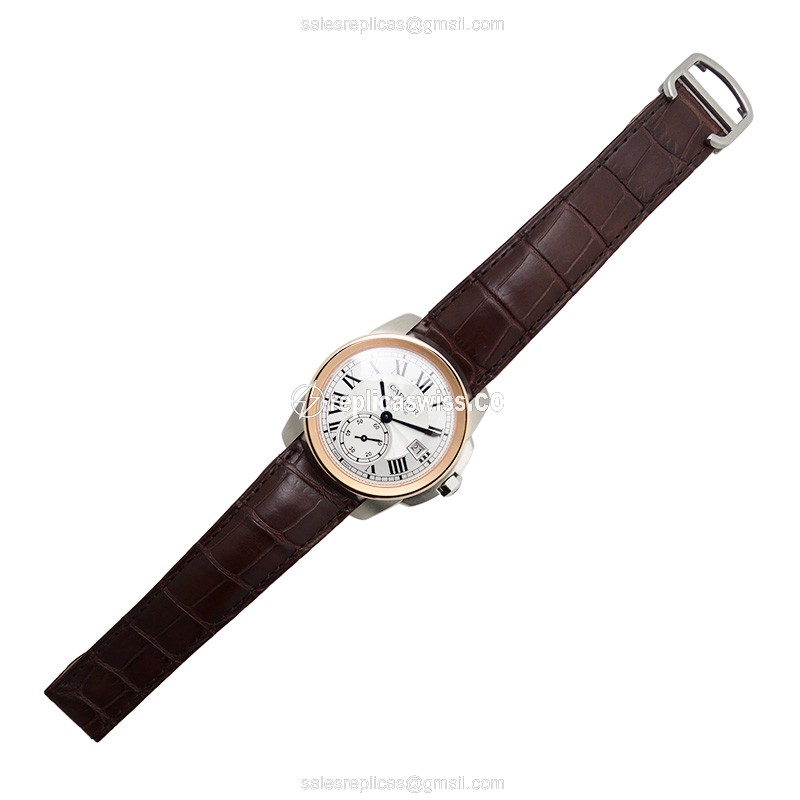 Cartier W2CA0002 Replica - Calibre De Cartier - Automatic - 18kt Rose Gold & Steel Case - Silver Dial - Brown Alligator Strap - View 2