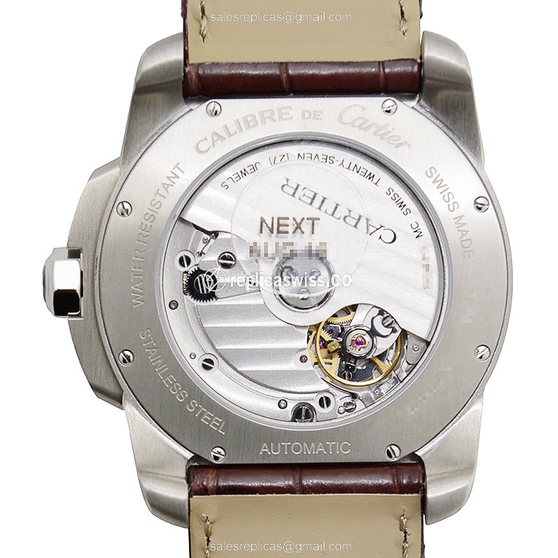 Cartier W2CA0002 Replica - Calibre De Cartier - Automatic - 18kt Rose Gold & Steel Case - Silver Dial - Brown Alligator Strap - View 3