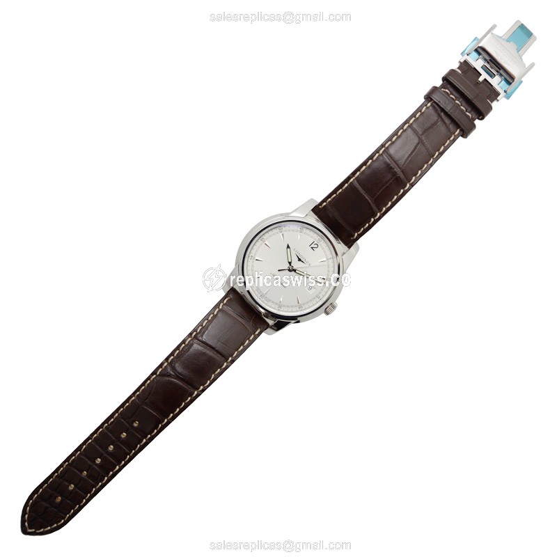 Longines Saint Imier Replica - Automatic - Silver Dial on Brown Alligator Strap - View 2