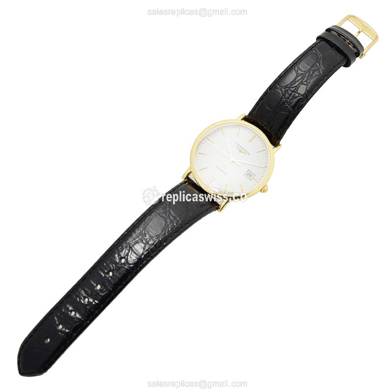 Longines L4.787.6.12.2 Replica - Automatic - 18kt Yellow Gold - White Dial, Alligator Strap - View 2