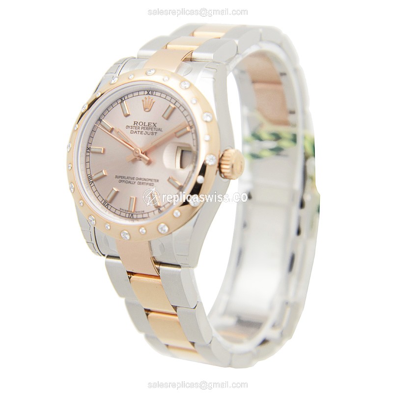 Rolex Datejust Replica - Automatic - 18kt Rose Gold - Pink Dial, Diamond Bezel - View 3