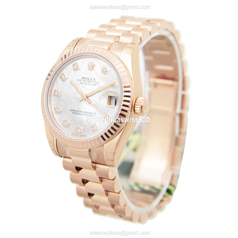 Rolex Lady Datejust Replica - Automatic 18kt Rose Gold - Silver Dial, Pink Strap - View 3