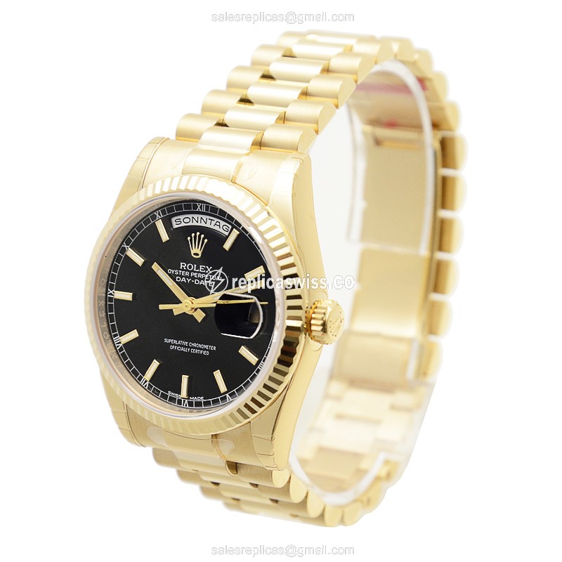 Rolex DAY-DATE Replica - Automatic, Black Dial, Gold Clasp & Band - View 3