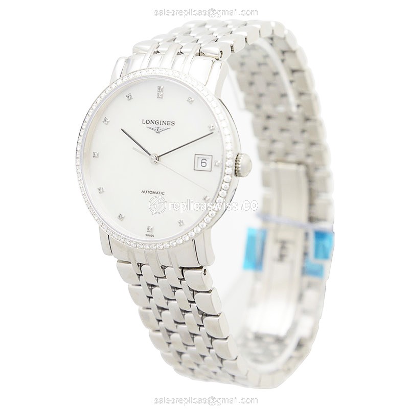 Longines Elegant Replica - Automatic - White Dial - Steel Case & Diamonds - Silver Strap - View 3