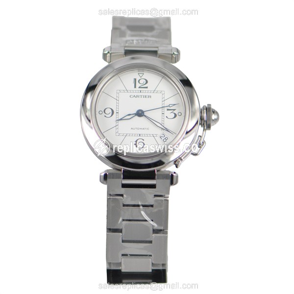 Cartier Pasha Replica - Automatic - Stainless Steel - White Dial - Silver Strap - View 2