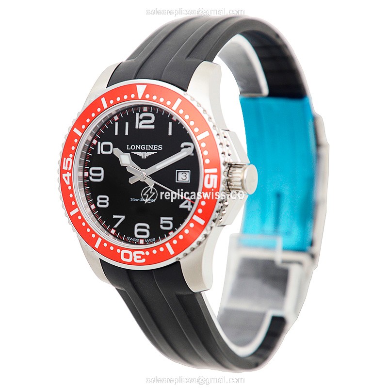 Longines CONQUEST Replica - Quartz - Steel Case - Black Dial on Rubber Strap - View 3
