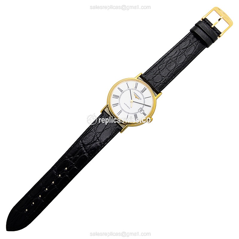Longines Presence Replica - Automatic - PVD Gold - White Dial, Black Alligator Strap - View 2
