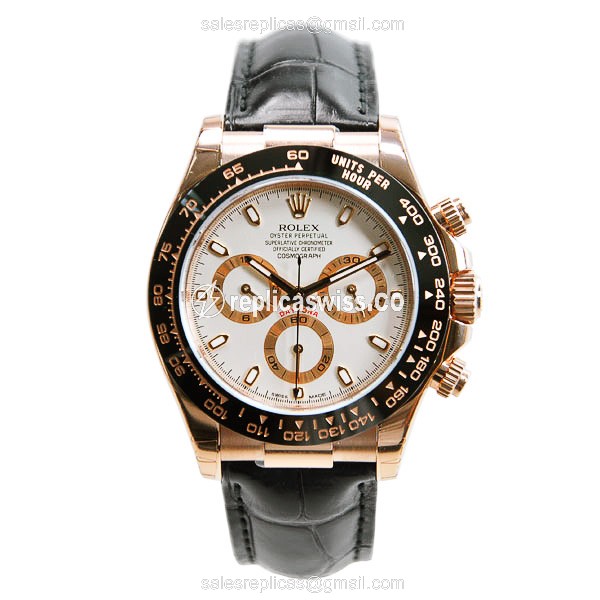 Rolex Daytona Replica 18kt Gold - Automatic - White Dial - Leather Strap - View 2