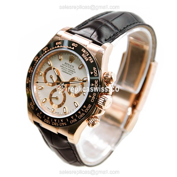 Rolex Daytona Replica 18kt Gold - Automatic - White Dial - Leather Strap - View 3