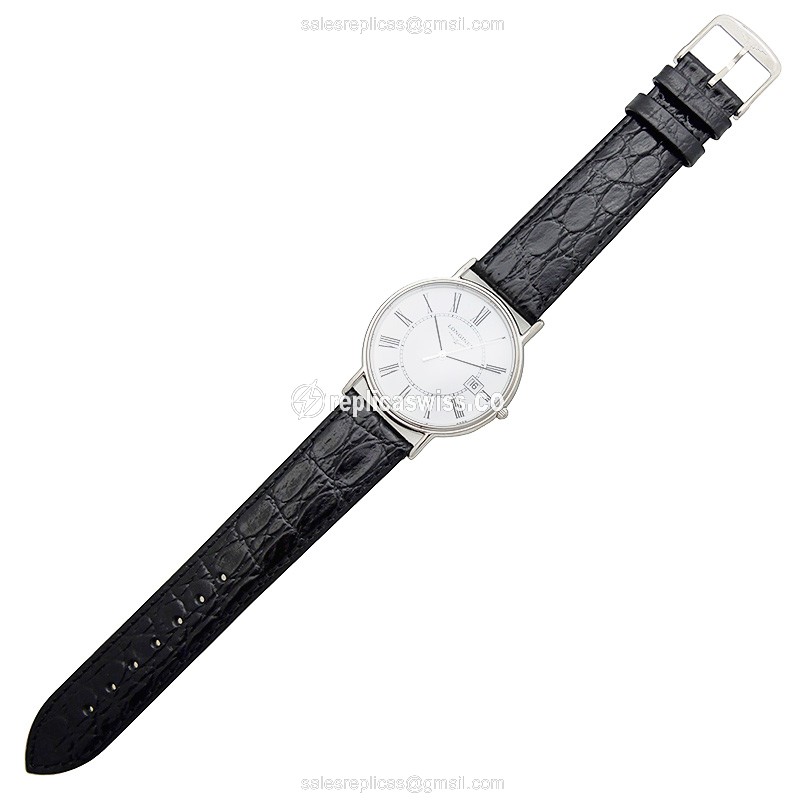 Longines Presence Quartz - Stainless Steel - White Dial - Black Alligator Strap - View 2
