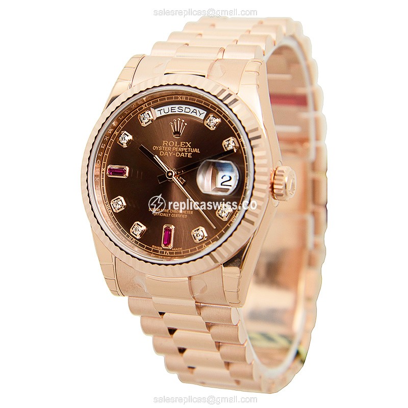 Rolex Day-Date Replica - 18kt Gold Case - Brown Dial - Automatic - Pink Gold Strap - View 3
