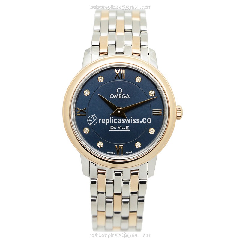 Omega LES CLASSIQUES Replica - Quartz - 18kt Rose Gold Case - Blue Dial - Gold Steel Strap - View 2