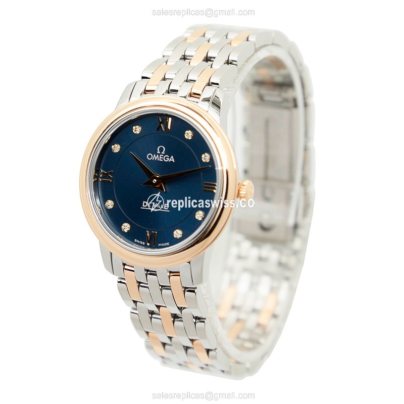 Omega LES CLASSIQUES Replica - Quartz - 18kt Rose Gold Case - Blue Dial - Gold Steel Strap - View 3