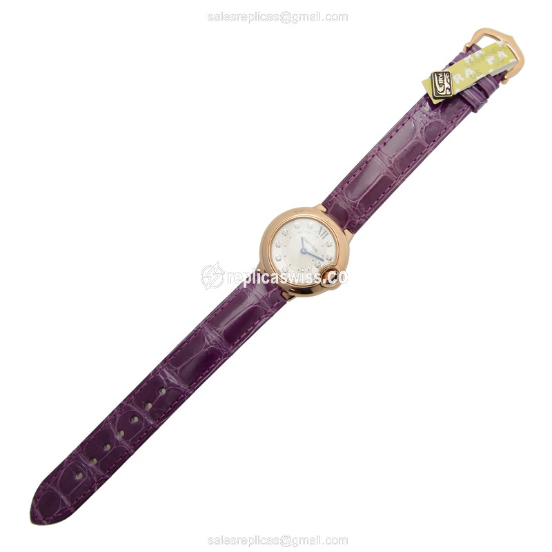 Cartier Ballon Bleu Replica - Quartz - 18kt Rose Gold - Silver Dial - Alligator Purple Strap - View 2