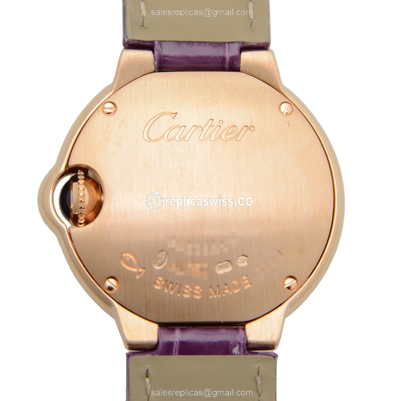 Cartier Ballon Bleu Replica - Quartz - 18kt Rose Gold - Silver Dial - Alligator Purple Strap - View 3