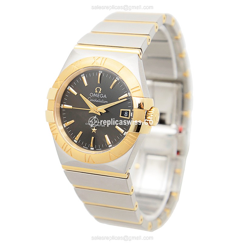 Omega Constellation Replica - Automatic - 18kt Gold & Steel - Dark Grey Dial - Silver Strap - View 3