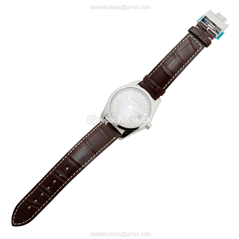 Longines CONQUEST Replica - Automatic - Stainless Steel - Silver Dial on Brown Leather - View 2