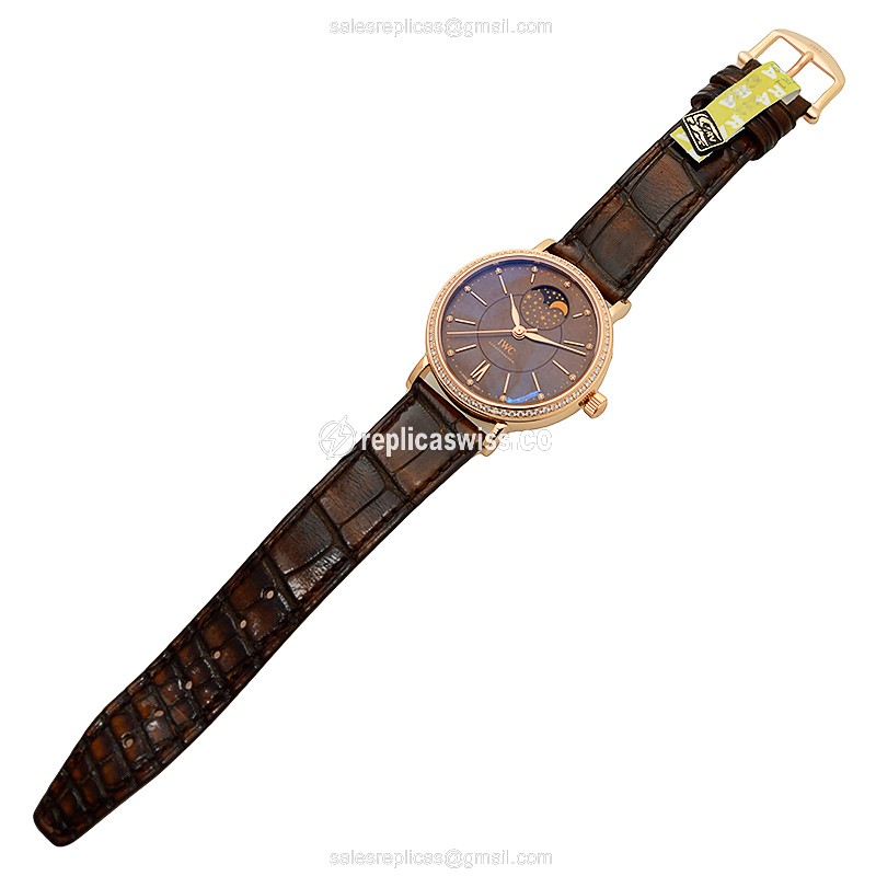 IWC Portofino Replica - Automatic - 18kt Rose Gold - Diamonds - Gray Dial - Brown Alligator Strap - View 2
