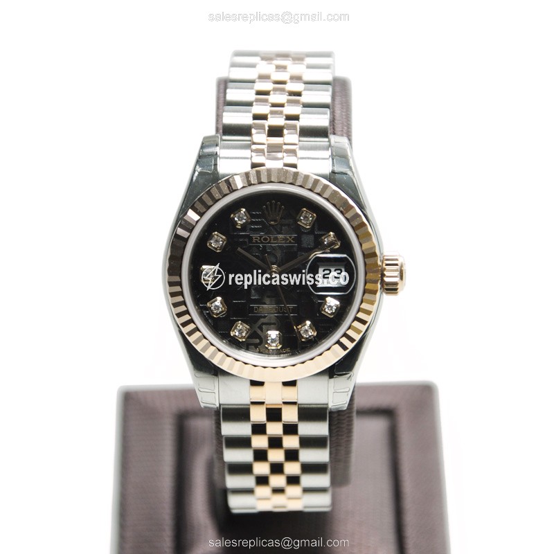 Rolex Lady Datejust Replica - Automatic - 18kt Rose Gold & Steel - Black Dial - Silver Strap - View 2