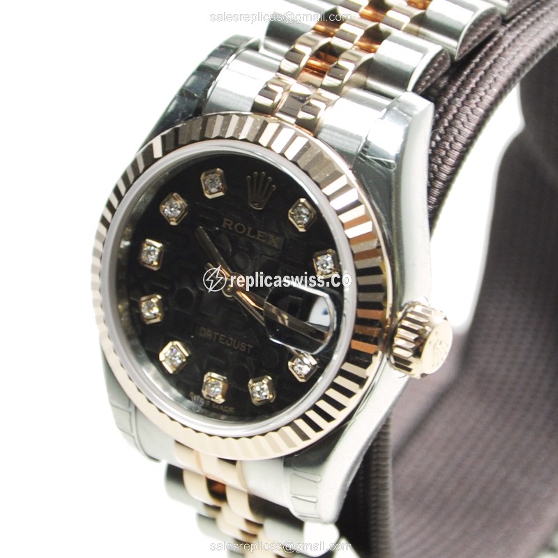 Rolex Lady Datejust Replica - Automatic - 18kt Rose Gold & Steel - Black Dial - Silver Strap - View 3
