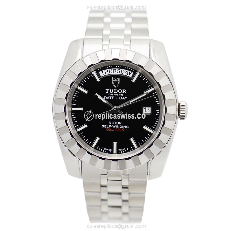 Tudor Classic 23010-62110-BK Replica - Automatic - Steel Case, Black Dial on Silver Steel Band - View 2