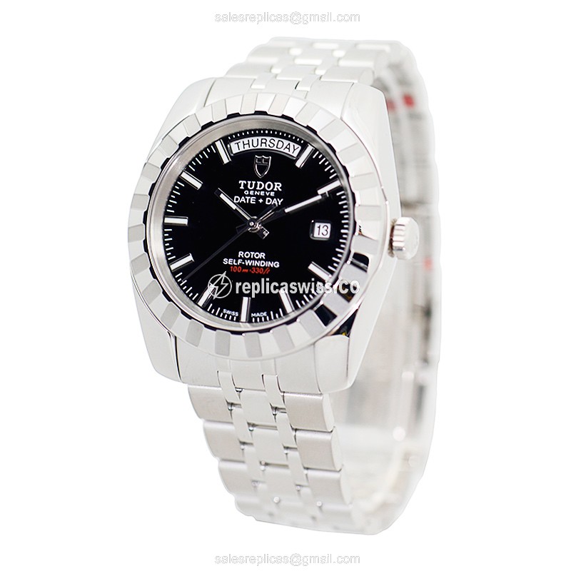 Tudor Classic 23010-62110-BK Replica - Automatic - Steel Case, Black Dial on Silver Steel Band - View 3