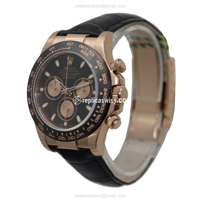 Rolex Daytona Replica - Automatic - 18kt Rose Gold - Black Dial - Leather Strap - View 2