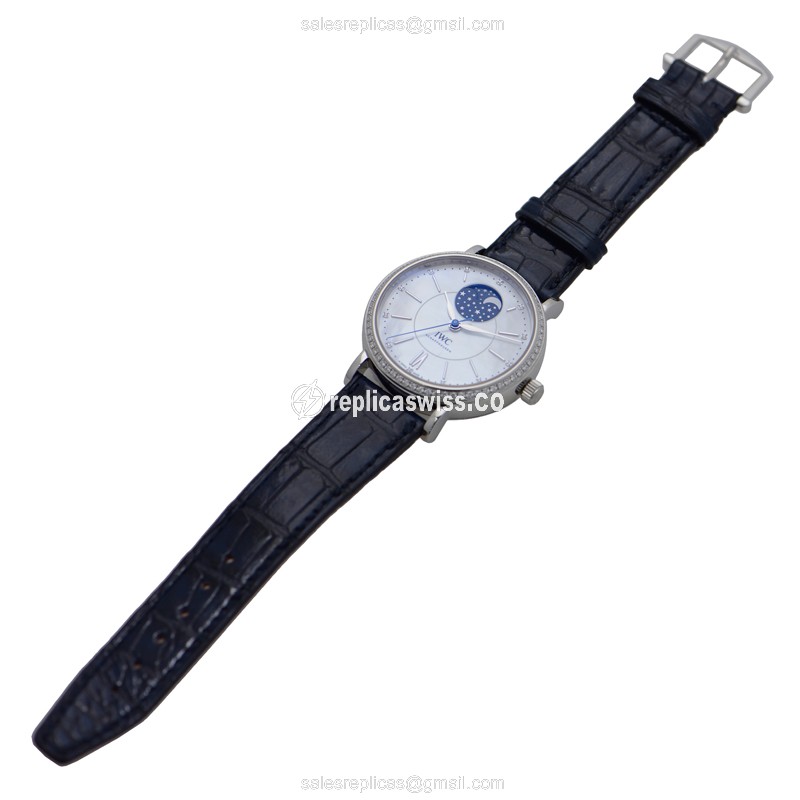 IWC Portofino Replica - Automatic - Stainless Steel & Diamond - Silver Dial - Blue Alligator Buckle - View 2