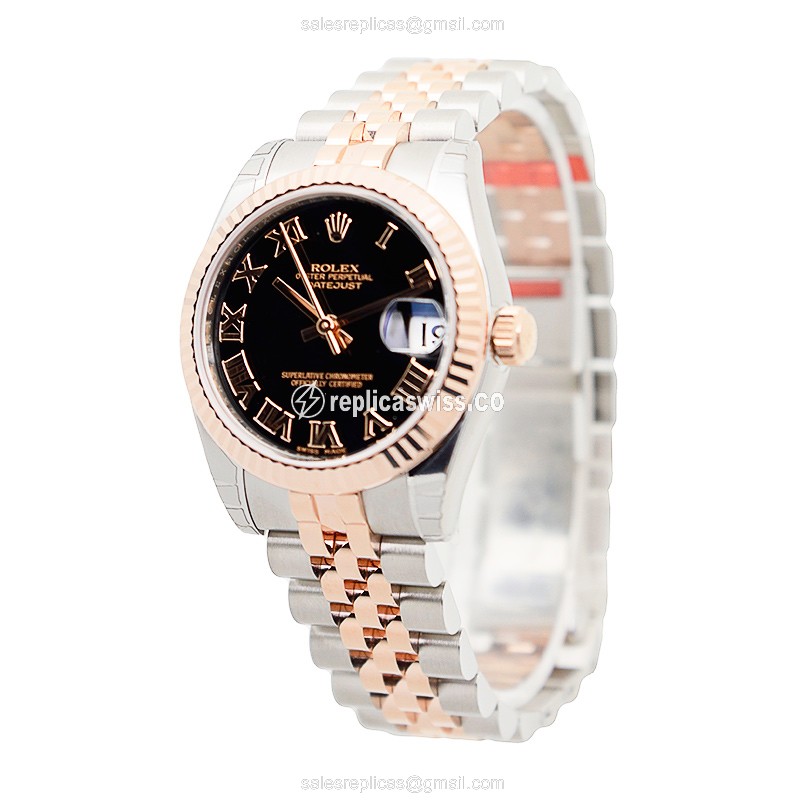 Rolex Lady Datejust Replica - Automatic - 18kt Rose Gold & Steel - Black Dial - Pink Strap - View 3