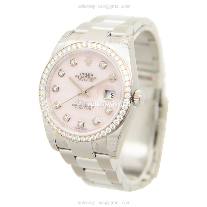 Rolex DATEJUST Replica - Automatic - 18kt White Gold Case - Pink Dial - Steel Clasp - View 3