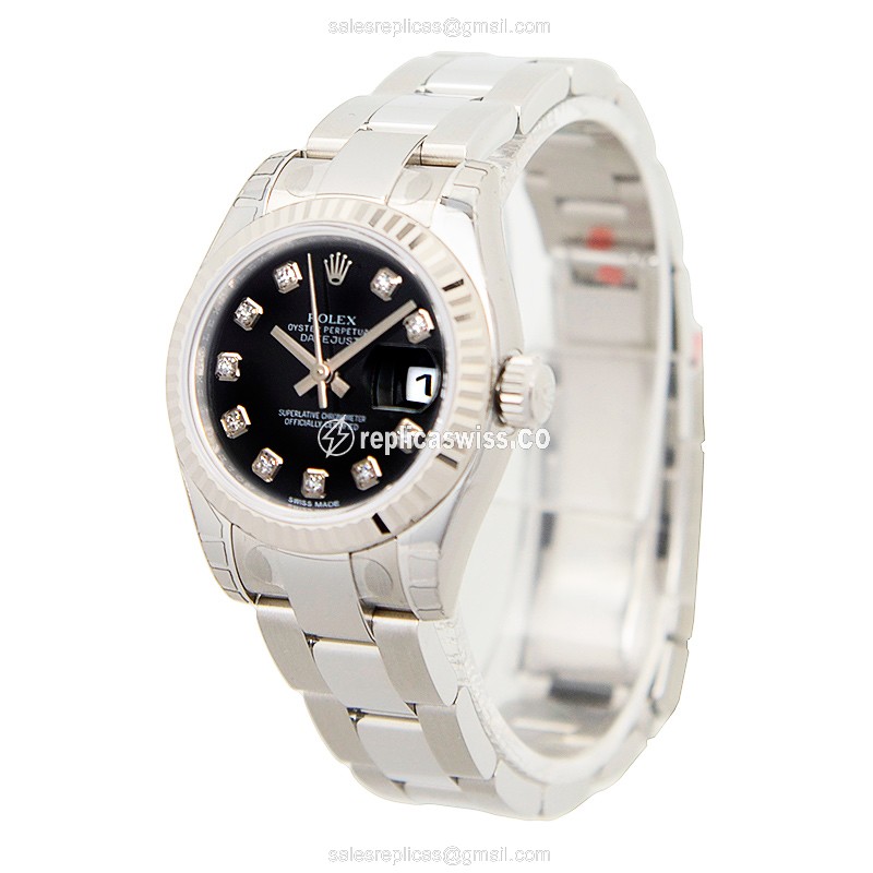 Rolex Lady Datejust Replica - Automatic - 18kt White Gold - Black Dial - Steel Band - View 3