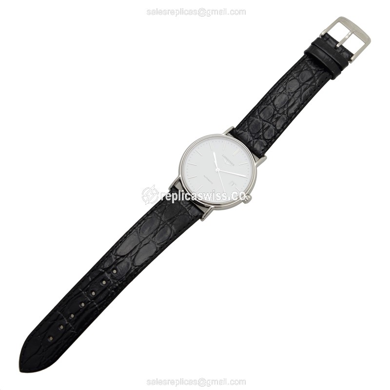 Longines Presence Replica - Automatic - Stainless Steel - White Dial - Leather Strap - Black Buckle - View 2
