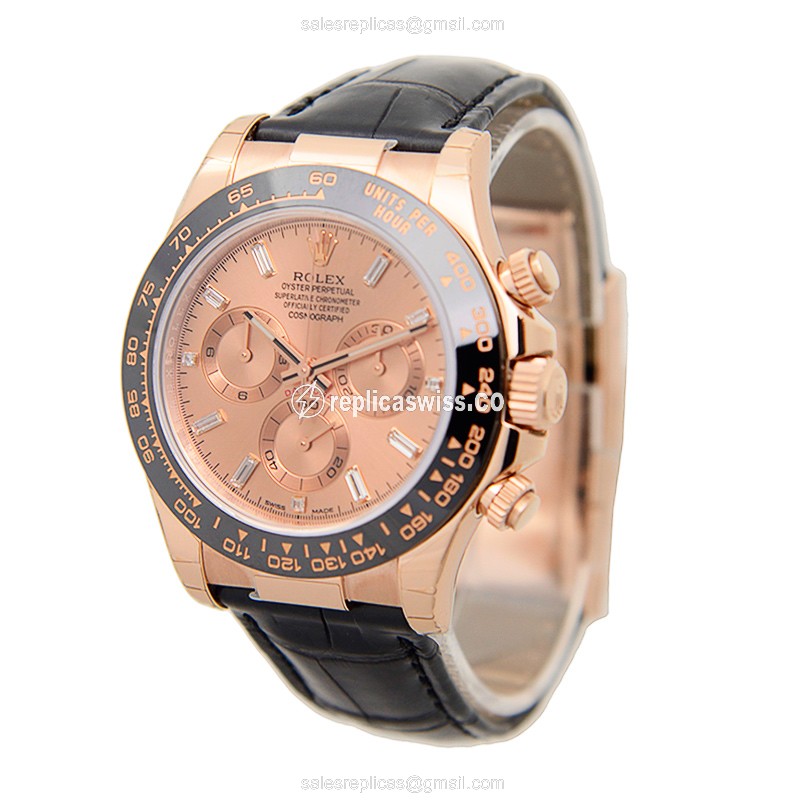 Rolex Daytona Replica - Automatic - 18kt Rose Gold - Pink Dial, Black Leather Strap - View 3
