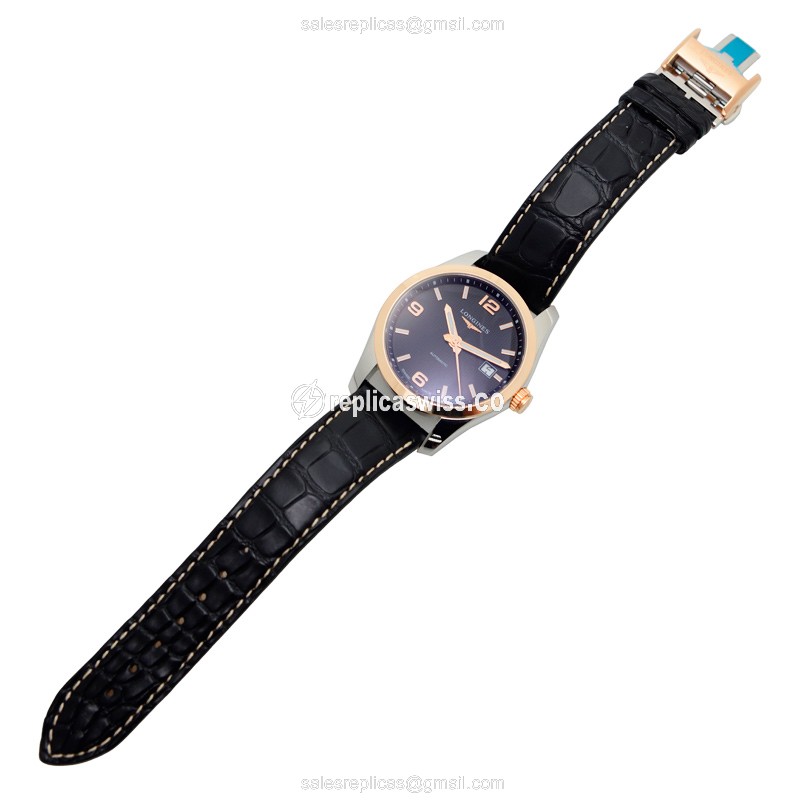 Longines CONQUEST Replica - 18kt Rose Gold & Steel - Automatic - Black Dial on Leather Strap - View 2