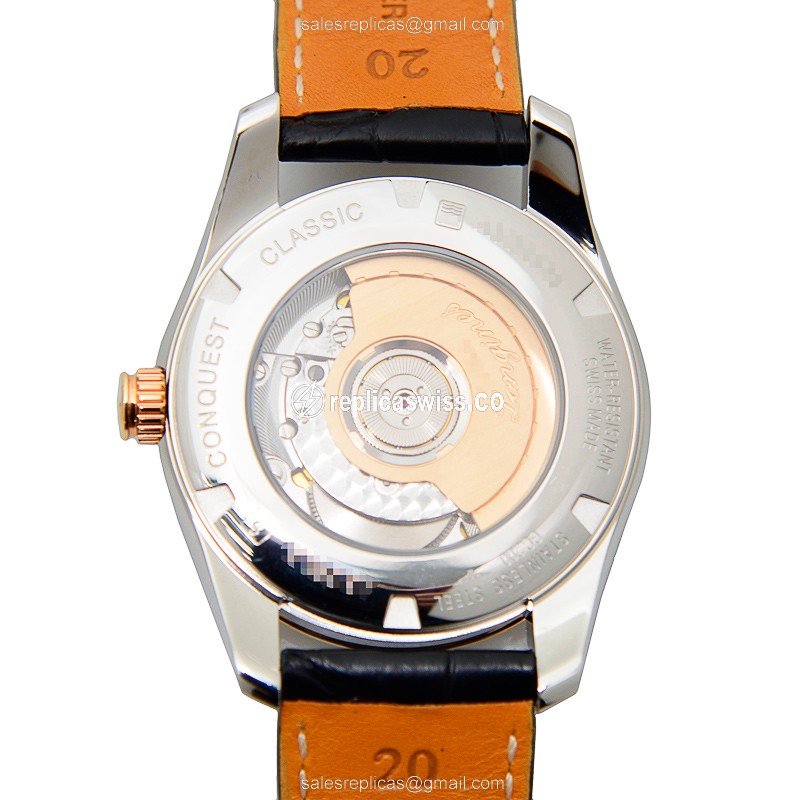 Longines CONQUEST Replica - 18kt Rose Gold & Steel - Automatic - Black Dial on Leather Strap - View 3