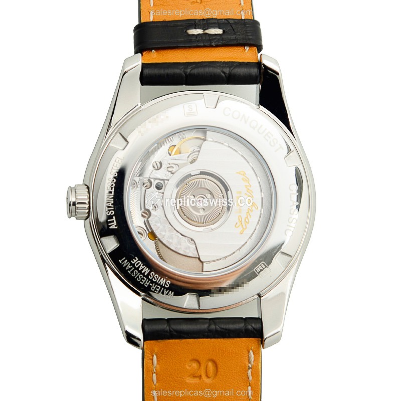 Longines CONQUEST Replica - Automatic - Steel Case - Black Dial on Black Alligator Strap - View 3