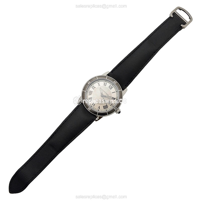 Cartier Rotonde De Cartier Replica - Automatic - Steel Case - White Dial - Black Leather Strap - View 2