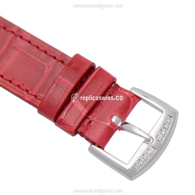Franck Muller 902 QZ REL D 1R AC Replica - Quartz - Stainless Steel - Diamonds, Silver Dial, Red Alligator Buckle - View 4